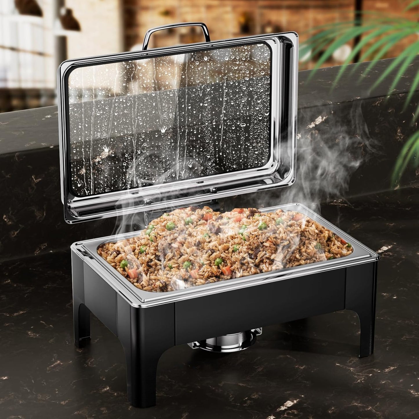 Chafing Dishes for Buffet, 9.5QT Square Stainless Steel Chafing Dish with Transparent Hydraulic Lid, 304 Food Pan, Buffet Warmer for Parties and Events (Black)