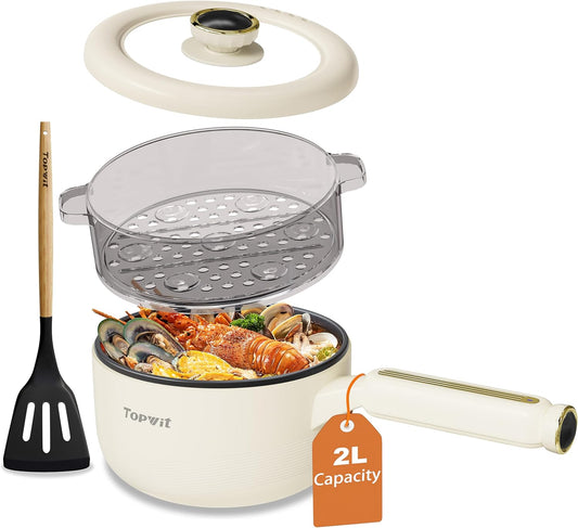TOPWIT Hot Pot Electric with Steamer, 2L Multifunctional Electric Pot, Non-Stick Sauté Pan, Portable Pot for Steak, Fried Rice, Ramen, Soup with Dual Power Control (Silicone Spatula Included), Beige