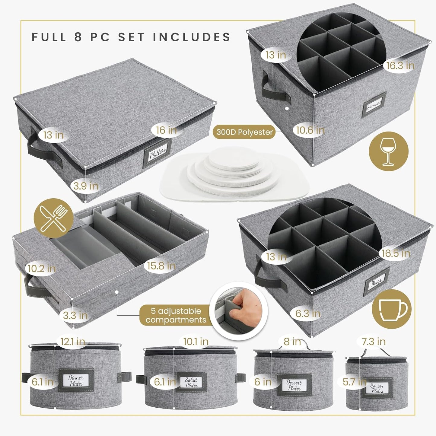 HOMELUX THEORY Coffee Mug Storage with Dividers, Light Gray Hard Shell China Storage Containers, Kitchen Storage Bins With Lids, Heavy Duty Moving Box for Packing Glassware, Stemware & Glassware