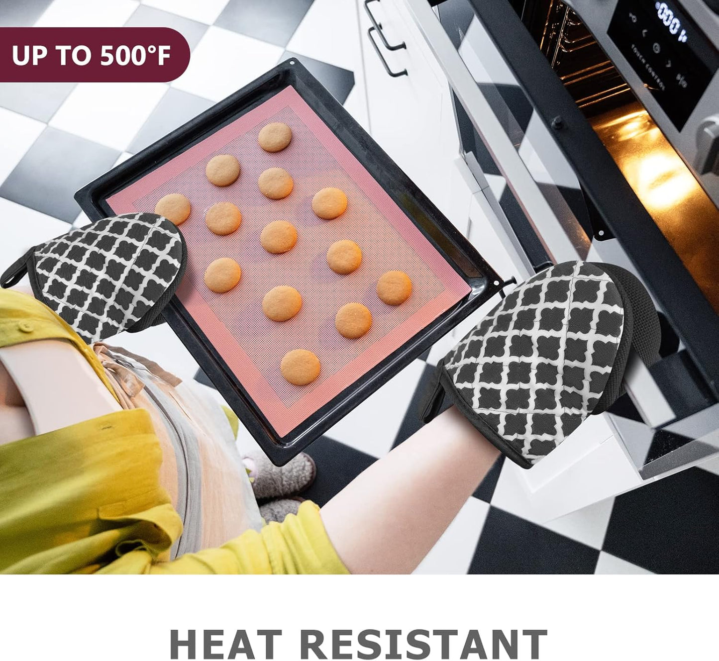 Qulable 1 Pair Short Oven Mitts - Silicone Kitchen Oven Gloves High Heat Resistant 500℉, Mini Oven Mits with Non-Slip Grip Surfaces and Hanging Loop for BBQ, Baking, Cooking and Grilling (Dark Gray)