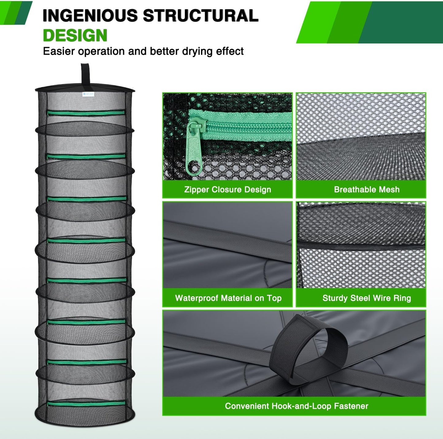 Yesker 8 Layer Herb Drying Rack Hanging Mesh Net Foldable Plant Drying Racks 24" Diameter with Green Zipper & Hook Dryer Hanging Rack for Herbs Seed Bud Fruit Clothes Grow Tent Closets Garden Outdoor