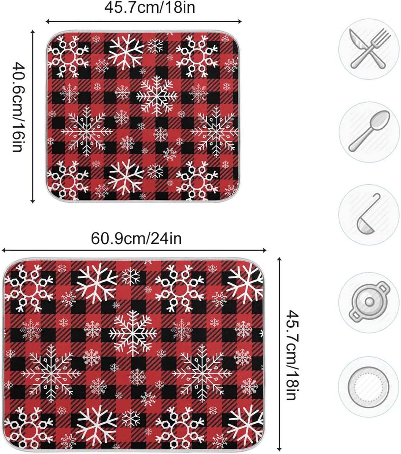 Snowflake Buffalo Plaid Dish Drying Mat for Kitchen Counter Christmas Absorbent Microfiber Drying Pad, Medium 16x18 in, Reversible Drainer Mats