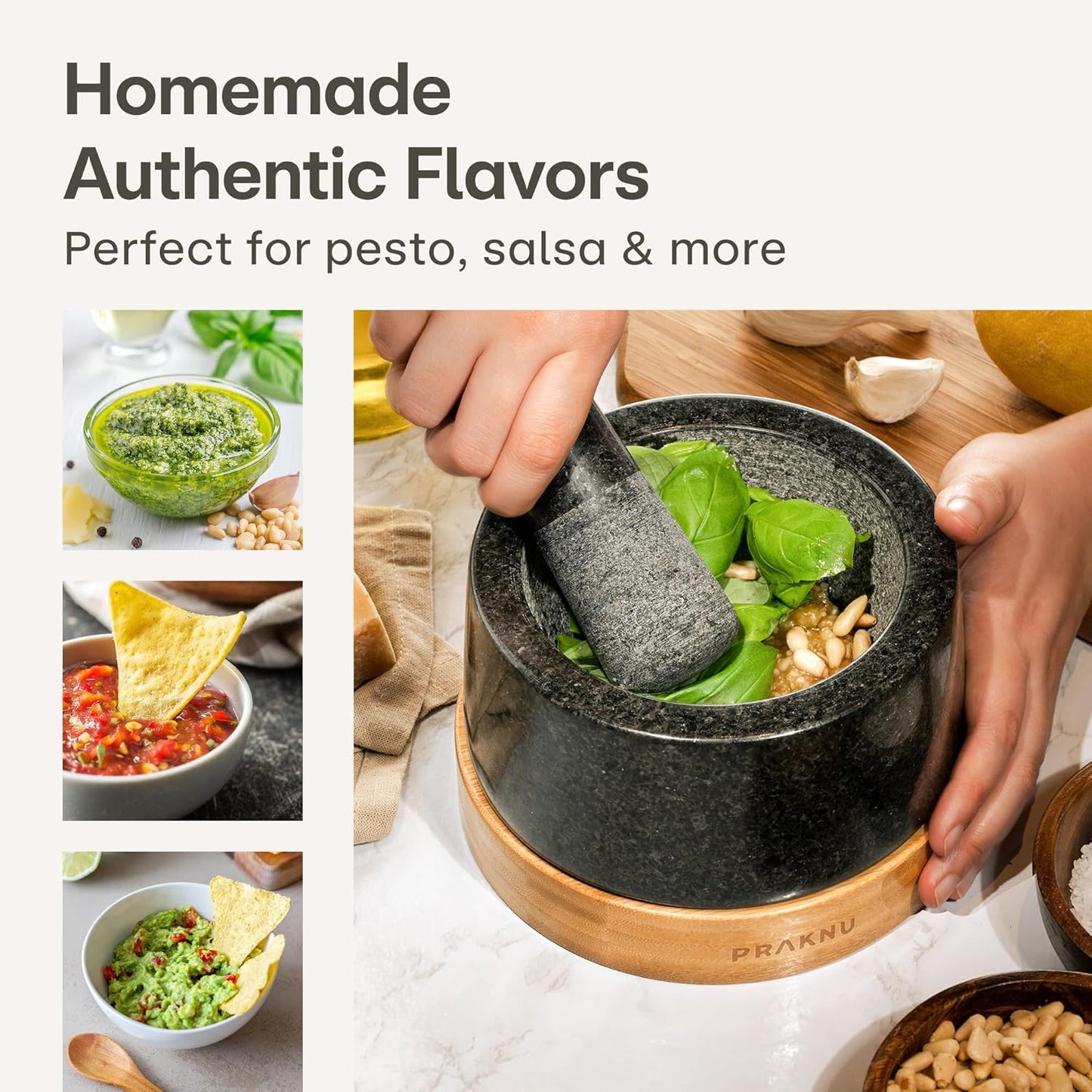 Mortar and Pestle Set Large 2 Cup - Heavy-Duty Stone Grinder for Spices, Herbs & Guacamole - Durable Granite - Non-Slip Wooden Base - Effortless Grinding & Easy to Clean