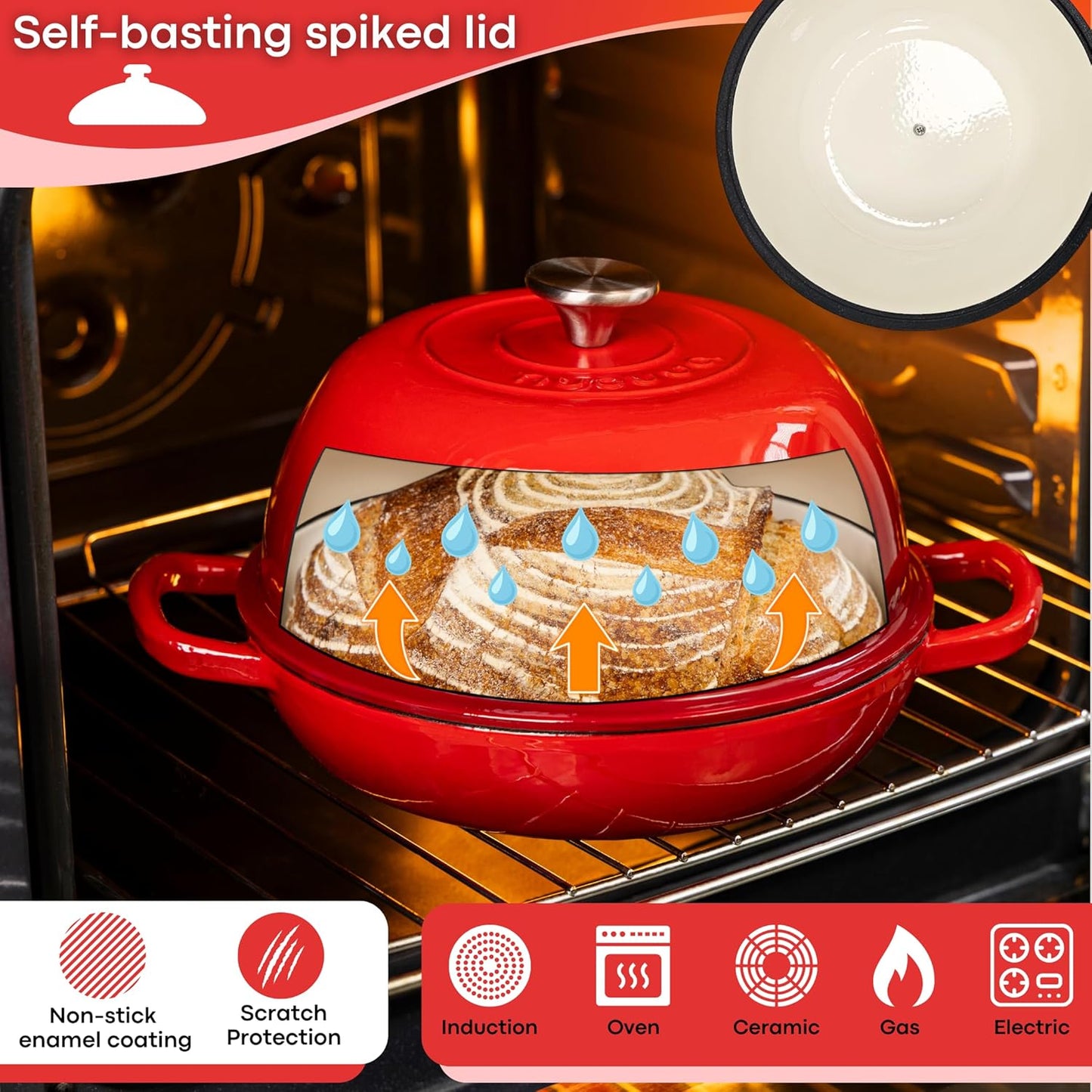 Enamelled Cast Iron Dutch Oven Pot – Dutch Oven For Sourdough Bread Baking – Cast Iron Bread Pot – Red, 6 Quarts, 22cm – by Nuovva