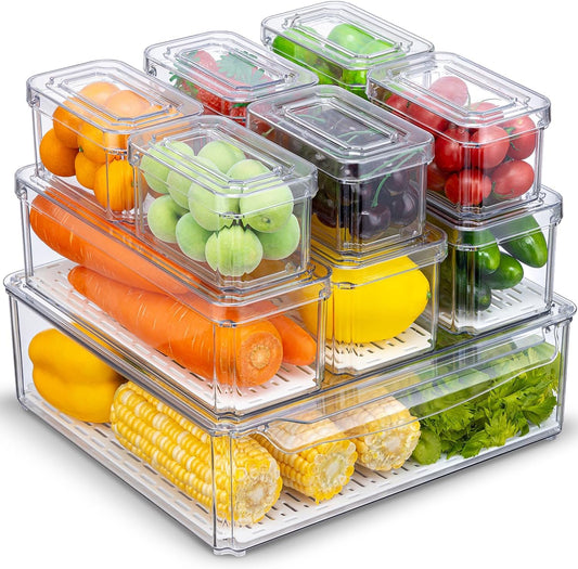 10 Pack Fridge Organizer, Stackable Refrigerator Organizer Bins with Lids, BPA-Free Produce Fruit Storage Containers for Storage Clear for Kitchen, Food, Drinks, Vegetable Storage