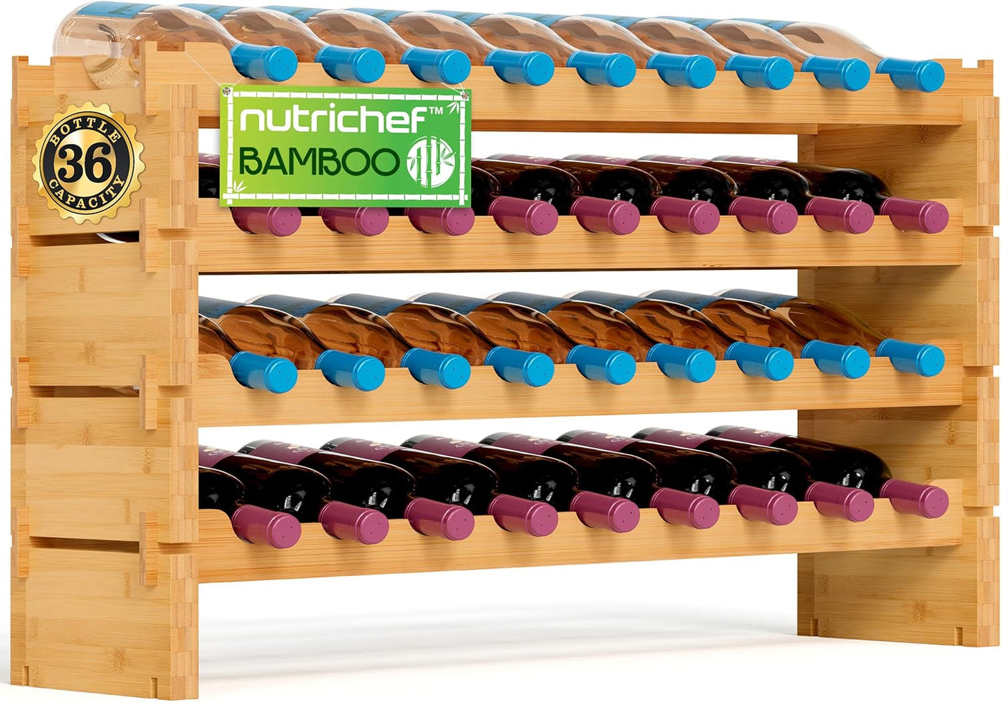 NutriChef Bamboo Stackable Wine Rack, 4-Tier 36 Bottle Capacity Wine Racks Free Standing Floor, No Tools Assembly, Modular Storage Display Shelf for Kitchen and Cellar 33.5" x 10" x 21"