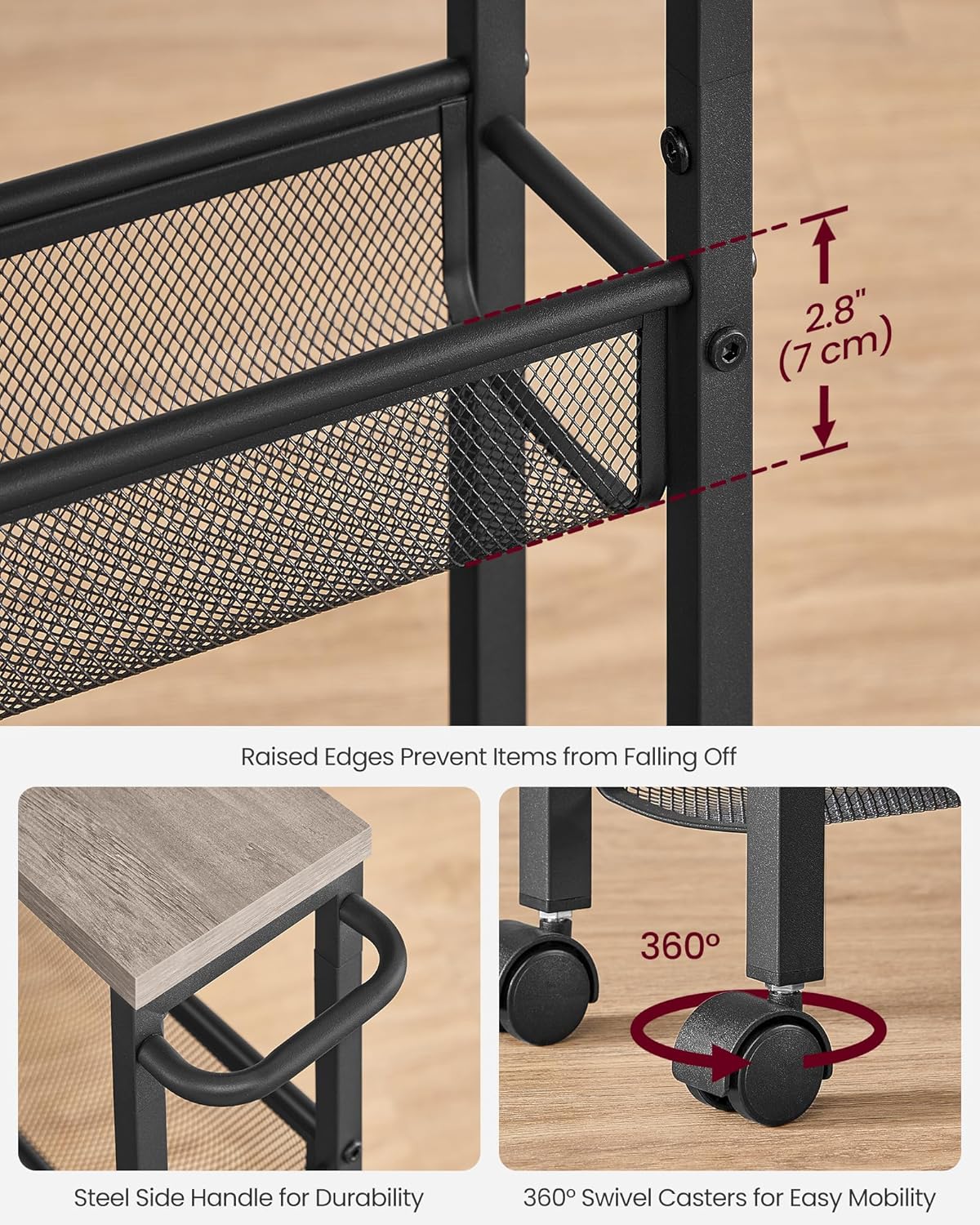 VASAGLE Slim Rolling Cart, 4-Tier Storage Cart, Narrow Cart with Handle, 5.1 Inches Deep, Metal Frame, for Kitchen, Dining Room, Living Room, Home Office, Heather Greige and Classic Black ULRC032K01