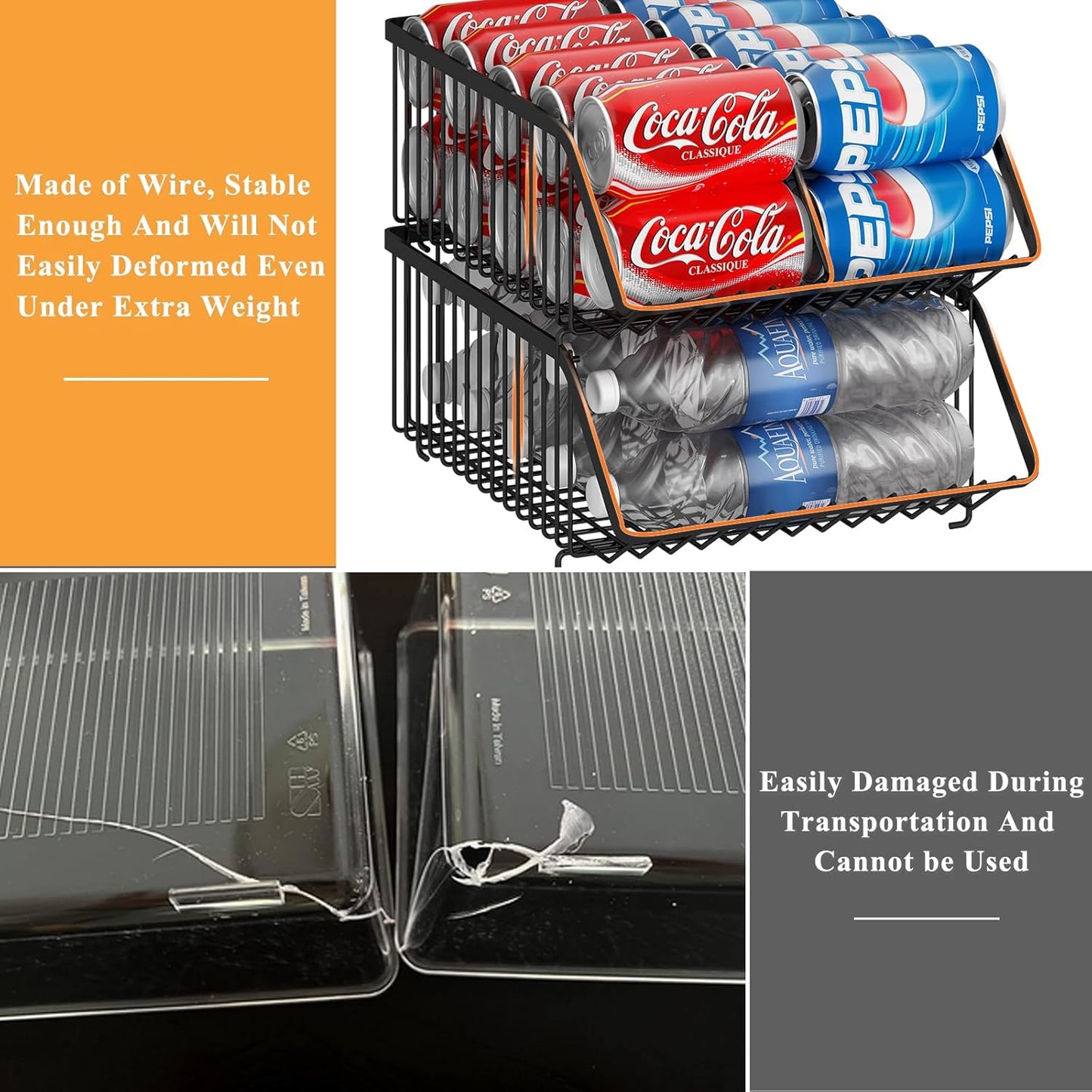 GILLAS 2 Pack Stackable Soda Can Organizer with Dividers for Refrigerator, Can Holder Dispenser Canned Food Organizer, Beverage Storage Basket Rack Drink Organizer for Fridge, Kitchen, Pantry, Black