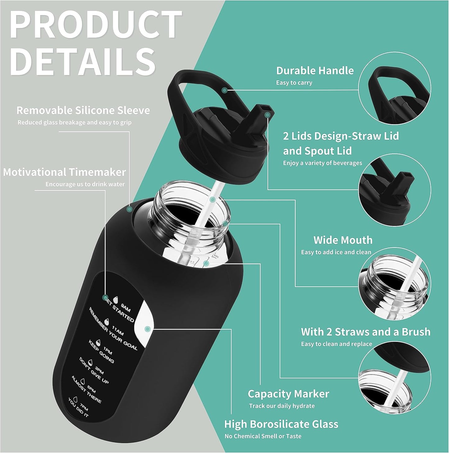 CIVAGO 64 oz Glass Water Bottle Jug with Straw and Handle, Half Gallon Sports Motivational Water Bottle with Time Marker, Wide Mouth Flask Canteen with Silicone Sleeve for Gym, Red