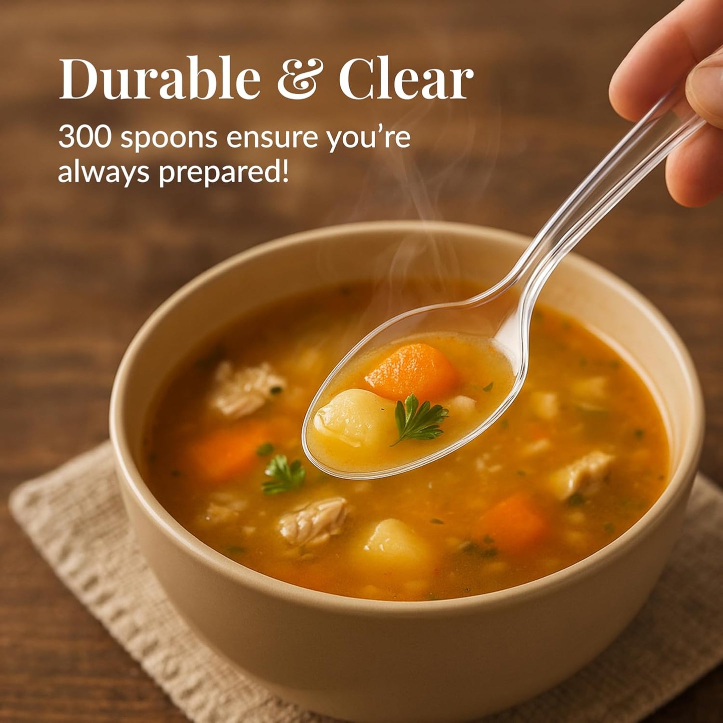 Prestee 300 Clear Plastic Spoons Bulk - Durable Disposable Plastic Silverware Spoons - Heat-Resistant Spoon Cutlery - Heavy Duty Flatware Pack - Disposable Silverware Utensil Set for Hot and Cold Food