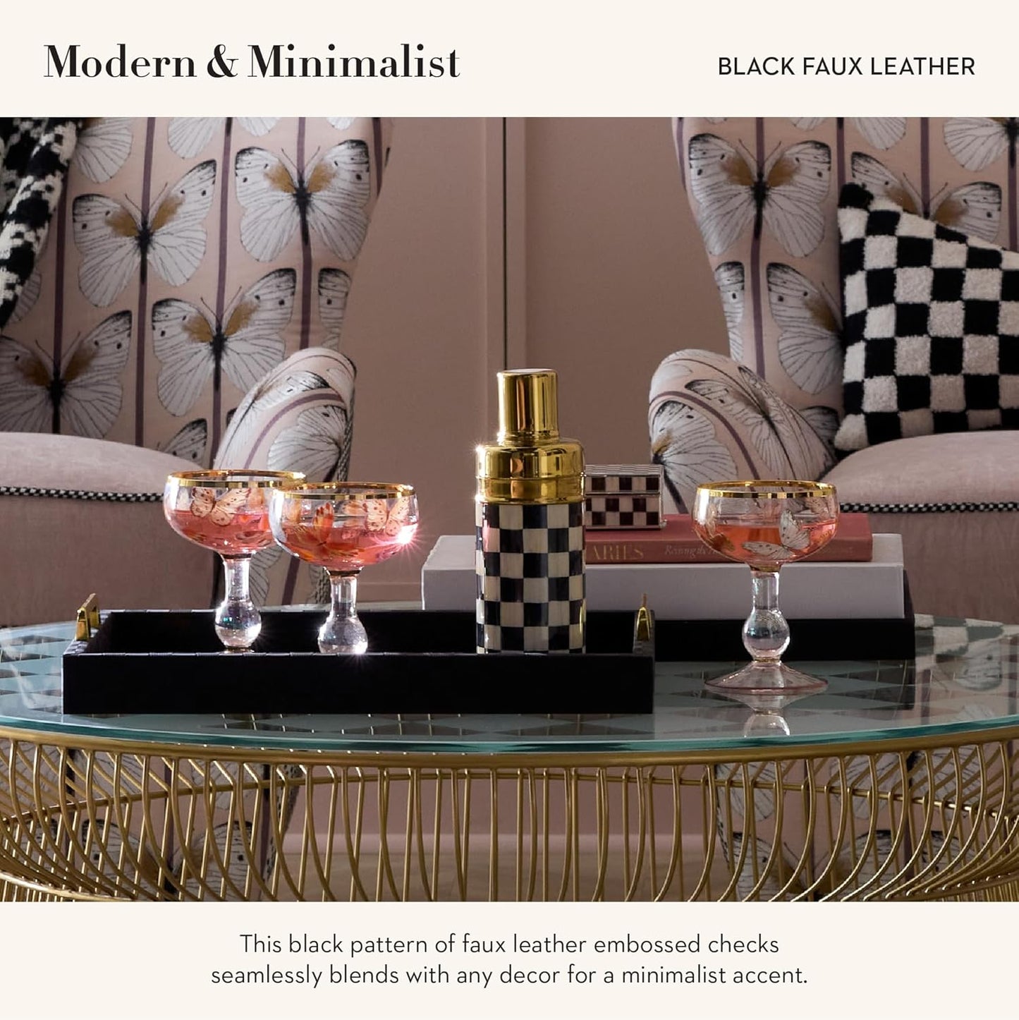 MACKENZIE-CHILDS Black Faux-Leather Tray with Handles, Rectangular Tray for Serving, Small