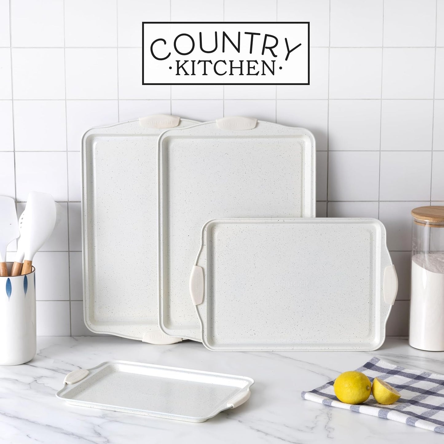 Country Kitchen Nonstick Stackable Bakeware Set - Heavy Duty, Durable, Easy Release Baking Set, Cream, 4 Pcs