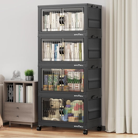 240Qt Stackable Storage Bins with Lid, Extra Large Closet Organizer Collapsible Drawer Boxes with Wheels, Folding Plastic Cabinet Containers for Home Kitchen Room Organization, 4Pack Black