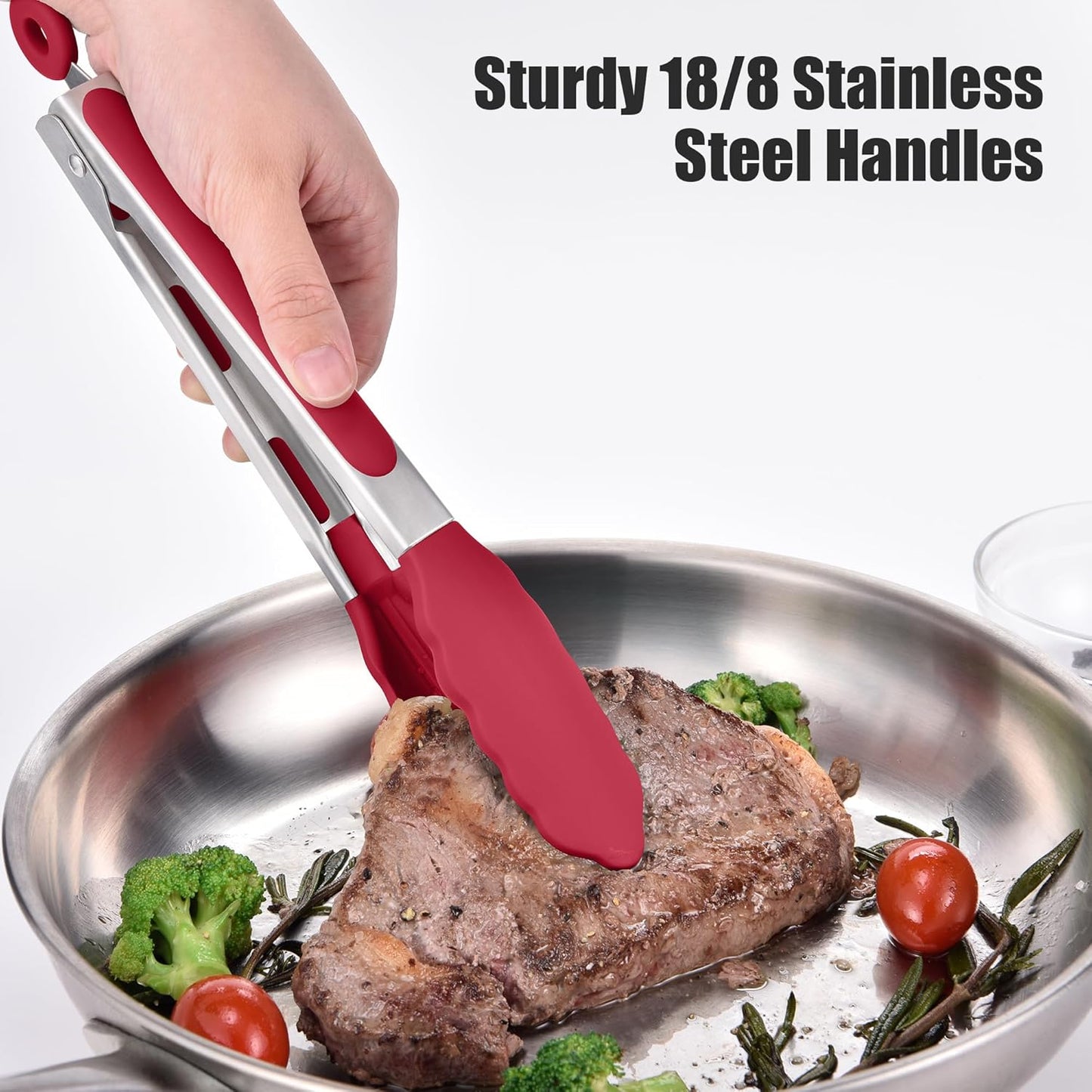 Doosu Kitchen Tongs for Cooking - 600°F Heat Resistant Food Tong with Non-Scratch Silicone Tips, Heavy Duty Stainless Steel Locking Tong for BBQ, Grilling Steak, Serving Salad, Pasta (9in, Red)