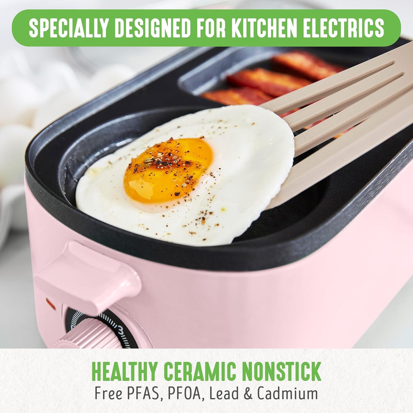 GreenLife 3-in-1 Breakfast Maker Station, Healthy Ceramic Nonstick Dual Griddles for Eggs Meat Sausage Bacon Pancakes and Breakfast Sandwiches, 2 Slice Toast Drawer, Easy-to-use Timer, Pink