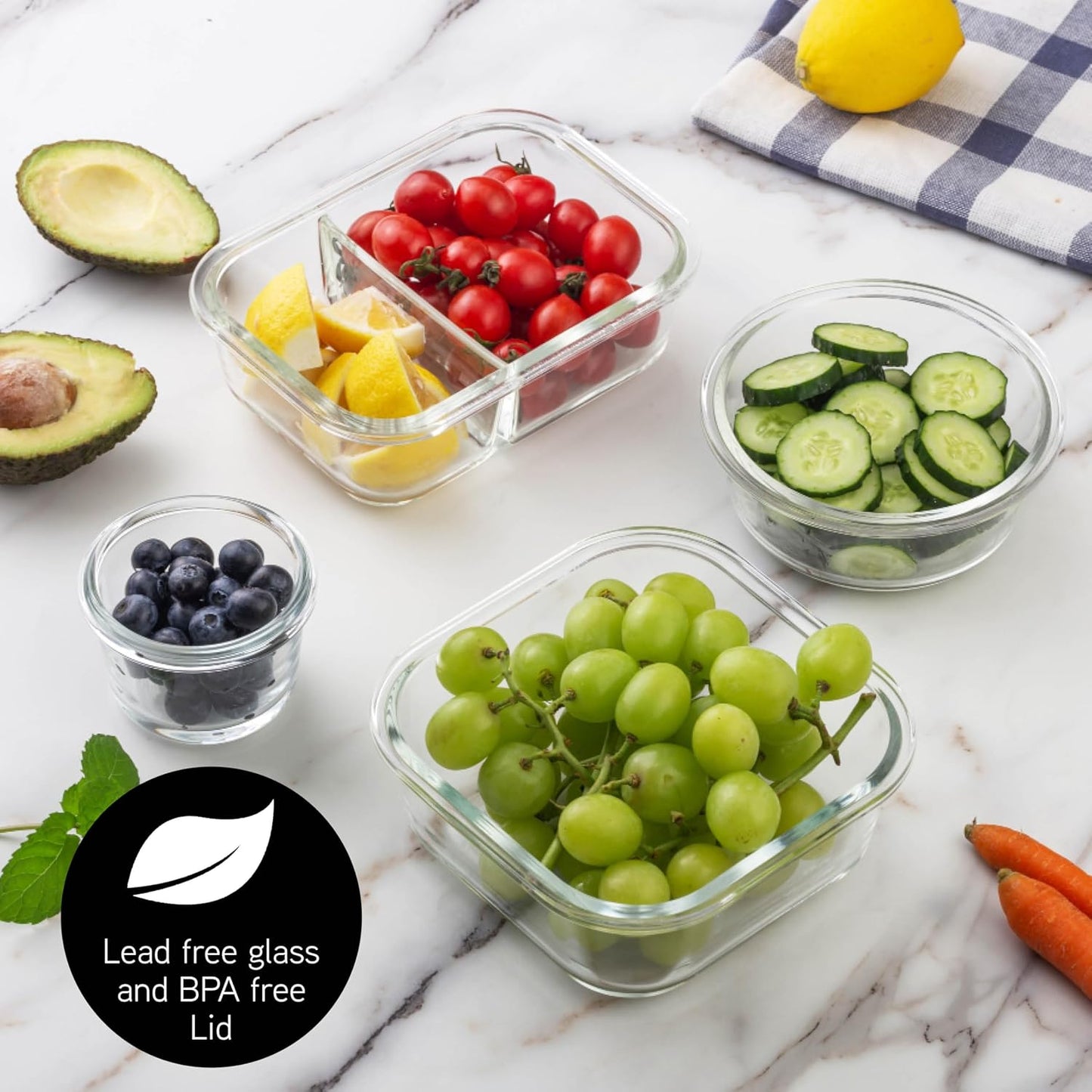 COOK WITH COLOR Premium 32-Pc. Borosilicate Glass Food Container Set with Dividers - 4 Rectangles, 8 Rounds, 4 Squares - Leakproof Lids - Meal Prep, Storage, Ombre Black