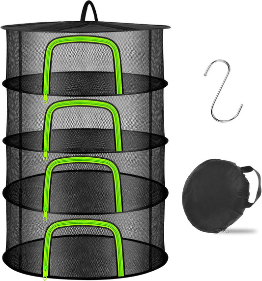 Coopache 4 Layer Herb Drying Rack Hanging Mesh Plant Dry Net Basket for Herbs Plants Flower Vegetables Spices Fish Food with Green Zippers