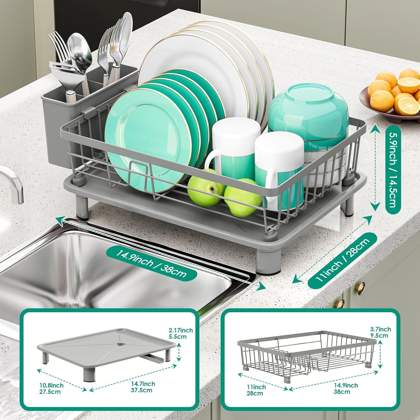 Dish Drying Rack, Space-Saving Dish Rack, Dish Racks for Kitchen Counter, Kitchen Dish Drainers with Removable Utensil Holder,Plate Rack and Drainboard, 11''W x 15''L, Gray