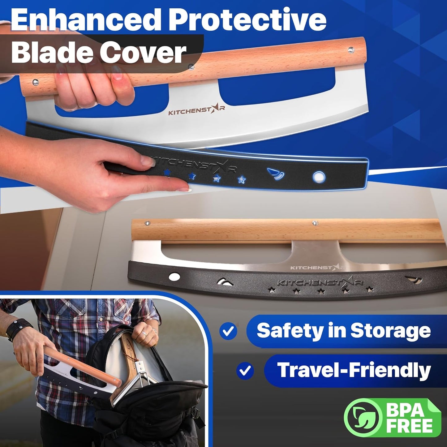 KitchenStar 16-Inch Pizza Cutter Rocker Blade - Razor Sharp Stainless Steel Slicer Knife, Stylish Beech Wood Handle, Protective Cover - Professional Pizza Oven Accessories, Silver