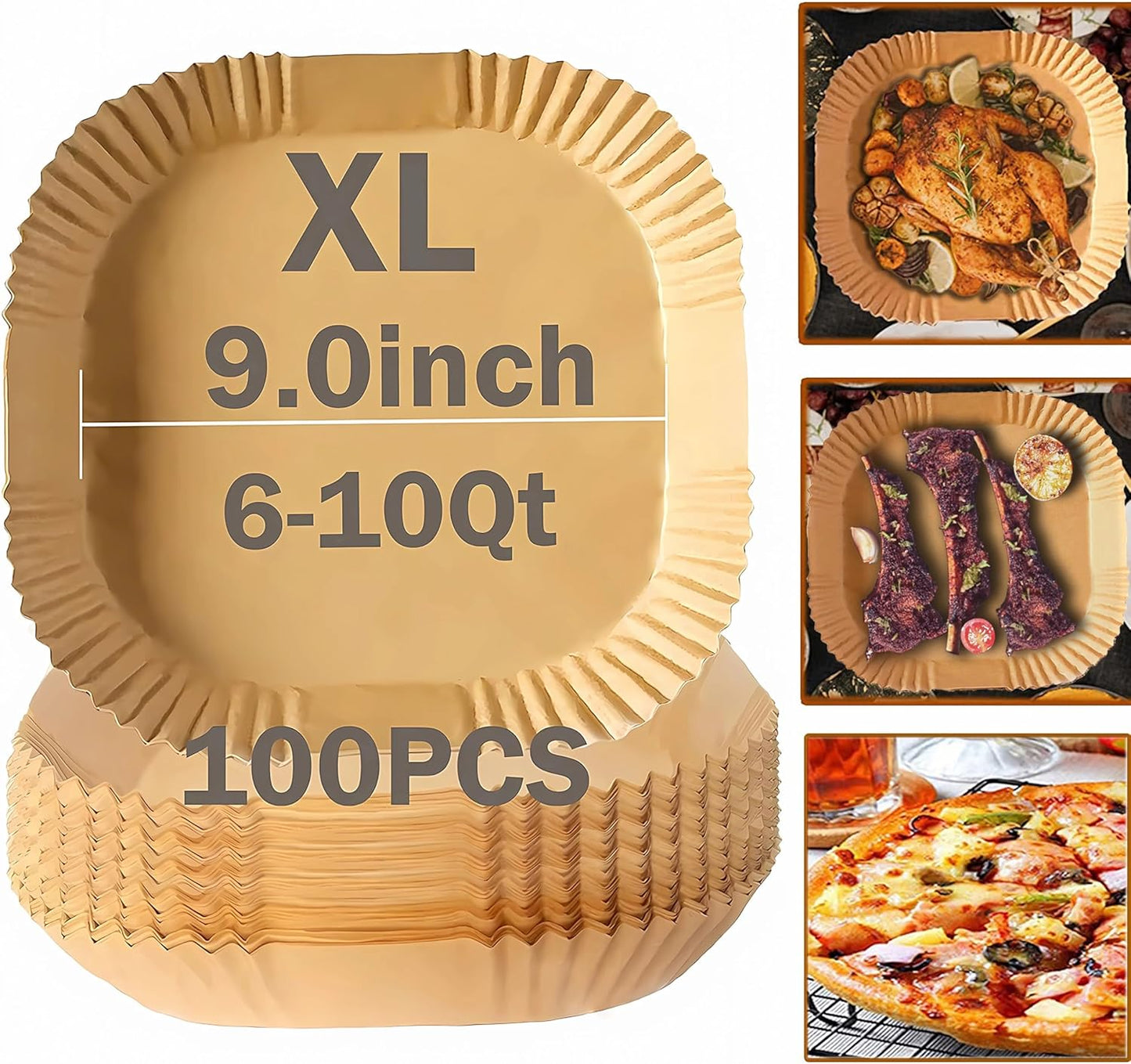 Air Fryer Disposable Paper Liners 9inch, Air Fryer Rack 100PCS Square Liners, Non-Stick Thickened Waterproof Oil-Proof Baking Paper(9.0''-XL)