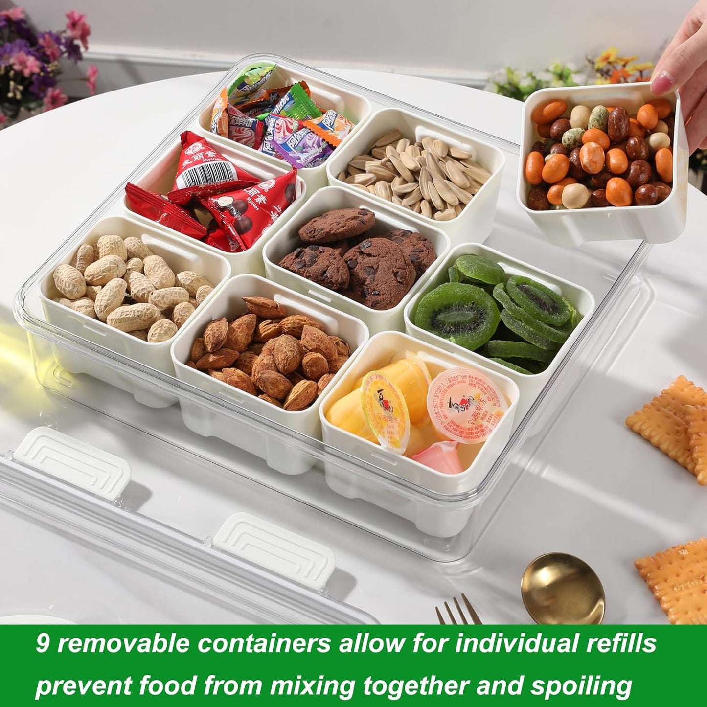 Taiuloo Divided Serving Tray with Lid & Handle, Airtight 9 Compartment Snackle Box Charcuterie Container, Fridge Organizer Bins, Food Storage Container Veggie Tray for Snack, Fruit, Candy, Nuts