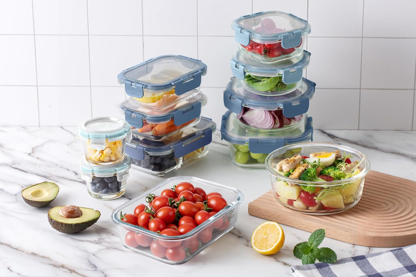 COOK WITH COLOR Premium 32-Pc. Borosilicate Glass Food Container Set with Dividers - 4 Rectangles, 8 Rounds, 4 Squares - Leakproof Lids - Meal Prep, Storage, Ombre Blue