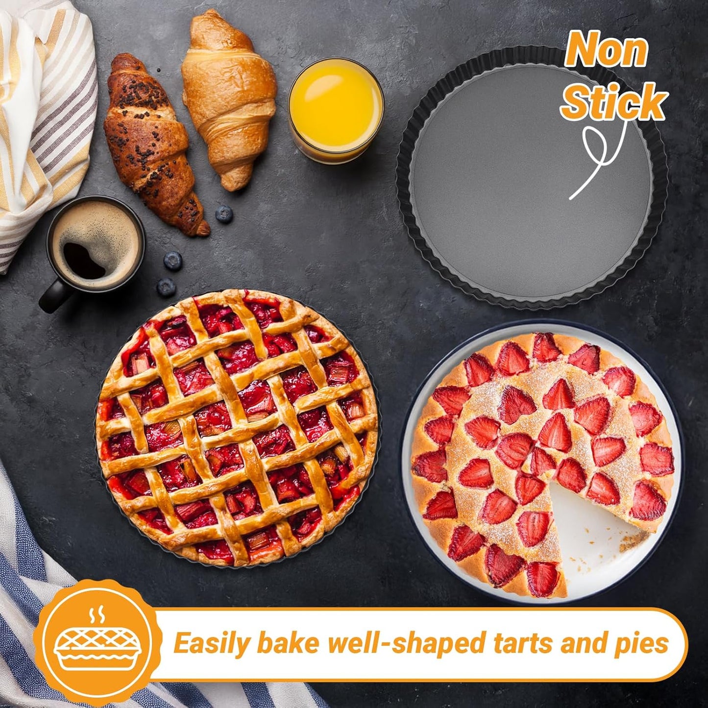 Beasea Tart Pan 10 Inch Removable Bottom, 2pcs 10 Inch Round Non Stick Pie Pans Carbon Steel Loose Base Bottom Tart Quiche Pie Tart Pans for Baking Fruit Cheese Tart Pie Desserts