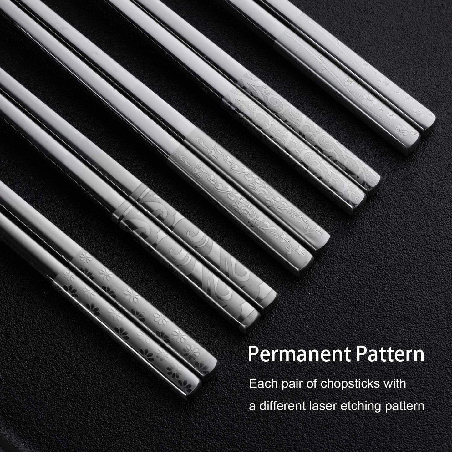 Metal Chopsticks Reusable 316 Stainless Steel Chopsticks Multipack Dishwasher Safe Chop Sticks Square Fancy Laser Engraved Non-slip Korean Chopstick for Cooking Eating 9.45 Inches 5 Pairs Gift Set
