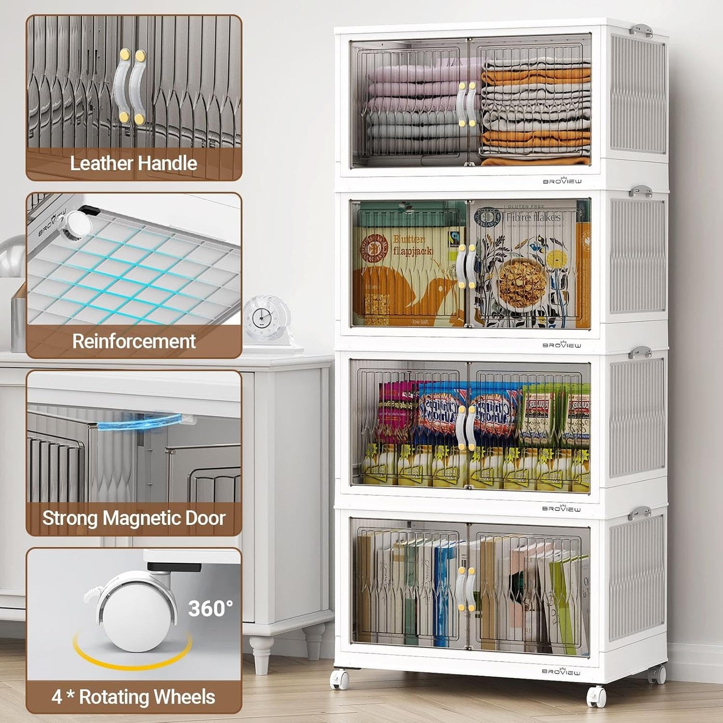 360Qt Stackable Storage Bins with Lid, Extra Large Closet Organizer Collapsible Drawer Boxes with Wheels, Folding Plastic Cabinet Containers for Home Kitchen Room Organization, 3Pack White