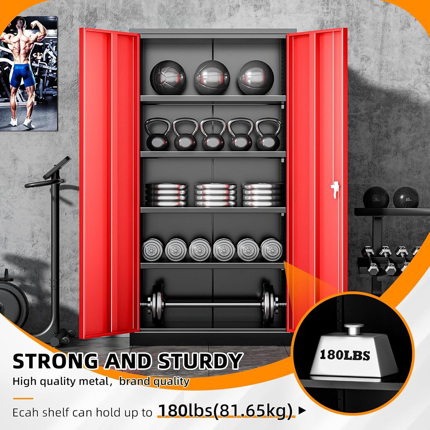 INTERGREAT Metal Storage Cabinets 72” Black Red Garage Steel Storage Cabinet with Doors and Shelves, Steel File Cabinet for Home Office, Basement, Warehouse, Classroom（Anti Tipping）