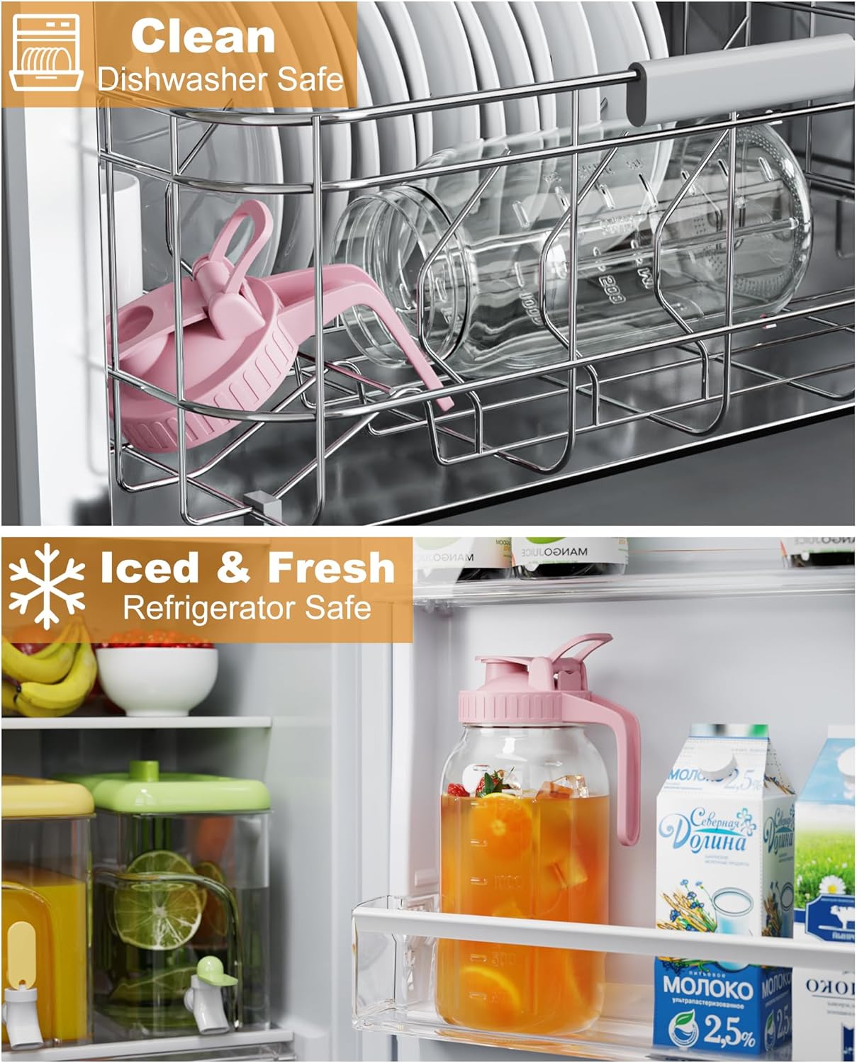 64oz Glass Mason Jar Pitcher with Lid and Spout, 2 Quart Airtight Glass Water Jug, Leakproof Wide Mouth Mason Jar Pitcher for Iced Sun Tea, Milk Storage, Cold Brew Coffee, Juice, Pink