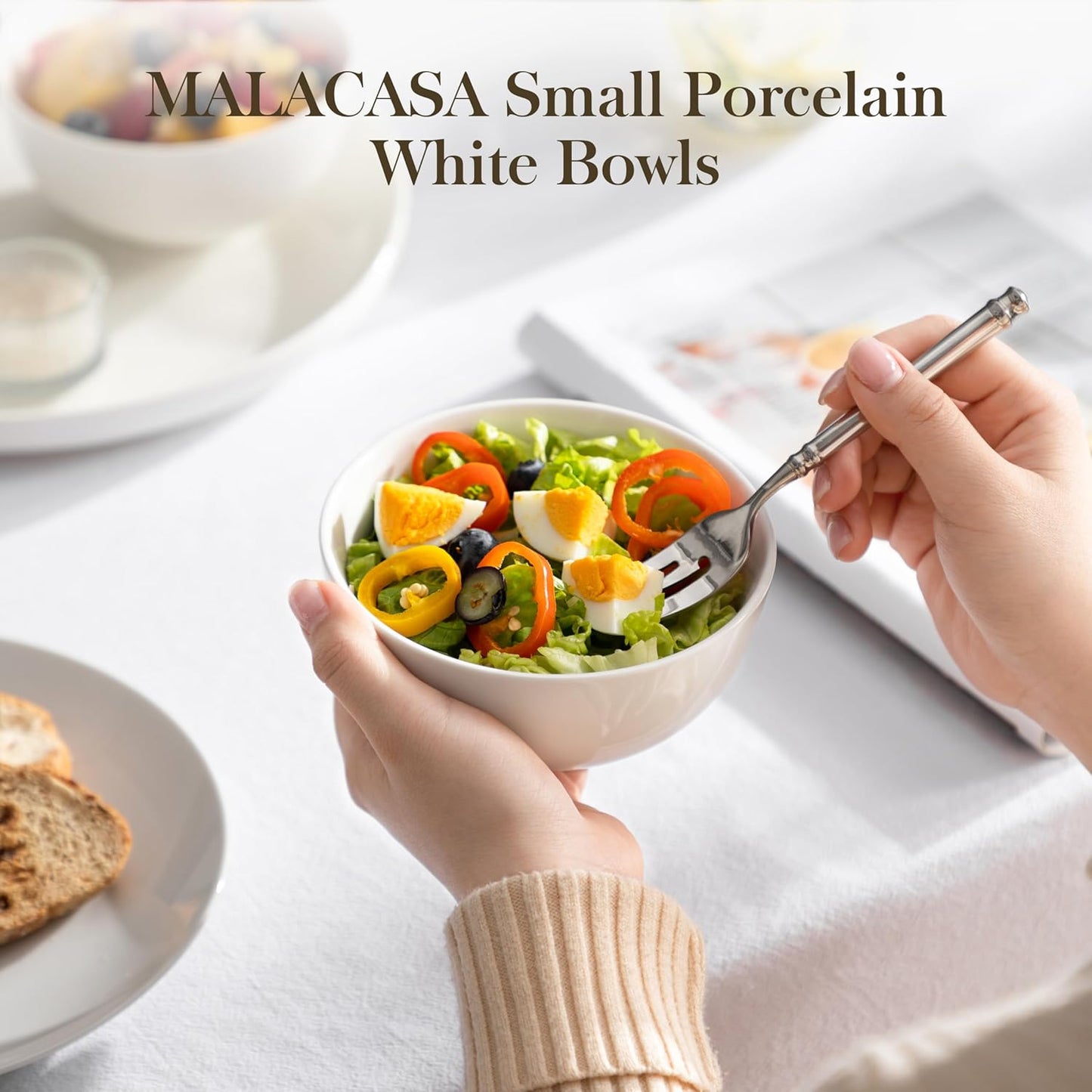 MALACASA Small White Ceramic Bowls Set of 8, 14 OZ Compact Dessert Bowls Rice Bowls Set, Ceramic Bowl for Ice Cream, Soup, Cereal, Side Dishes, Dishwasher & Microwave Safe