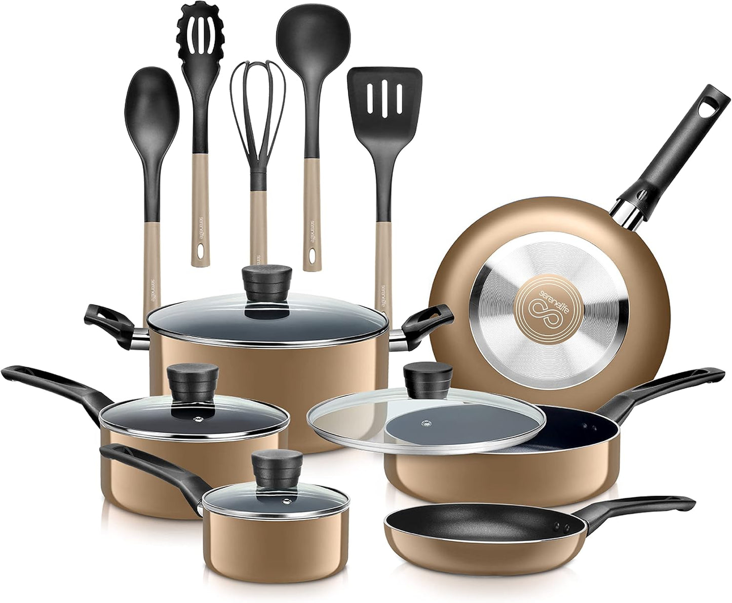 15-Piece Nonstick Kitchen Cookware Set - PTFE/PFOA/PFOS Free Heat Resistant Lacquer Kitchen Ware Pots Pan Set w/Bakelite Handles, Saucepan, Frying Pans, See-through Lid - SereneLife SLCW15GLD (Gold)