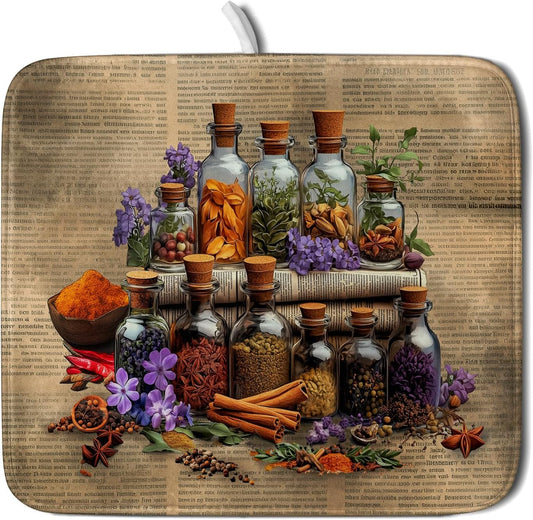 Vintage Kitchen Dish Drying Mat - Spice Bottle Decorative Dish Sink Rack Pad 16 X 18 Inch