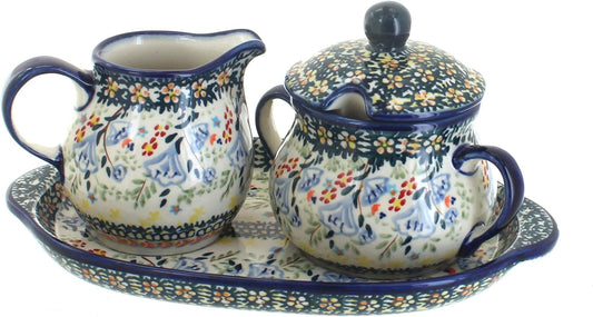 Blue Rose Polish Pottery Periwinkle Sugar & Creamer with Tray