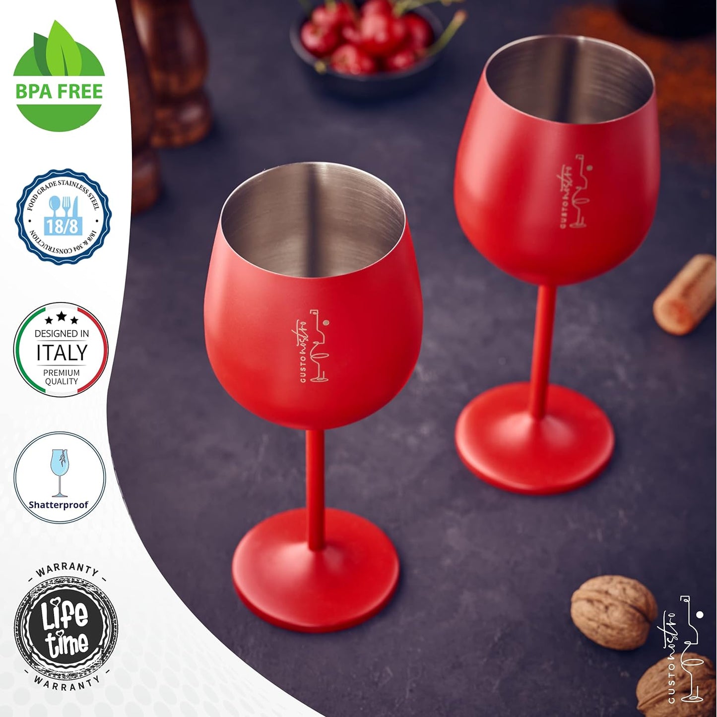 Gusto Nostro Stainless Steel Wine Glass - 18 oz - Unbreakable Colorful Wine Glasses for Travel, Camping and Pool - Fancy, Unique and Cool Portable Metal Wine Glass for Outdoor, Picnics (Set of 2)