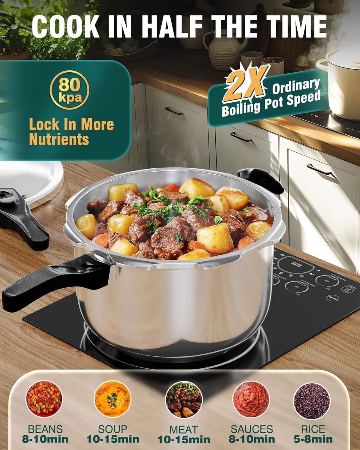 WantJoin Pressure Cooker, 6 Quart Stainless Steel Pressure Canner, Induction Compatible Cookware with Spring Valve Safeguard Devices,Compatible with Gas & Induction Cooker