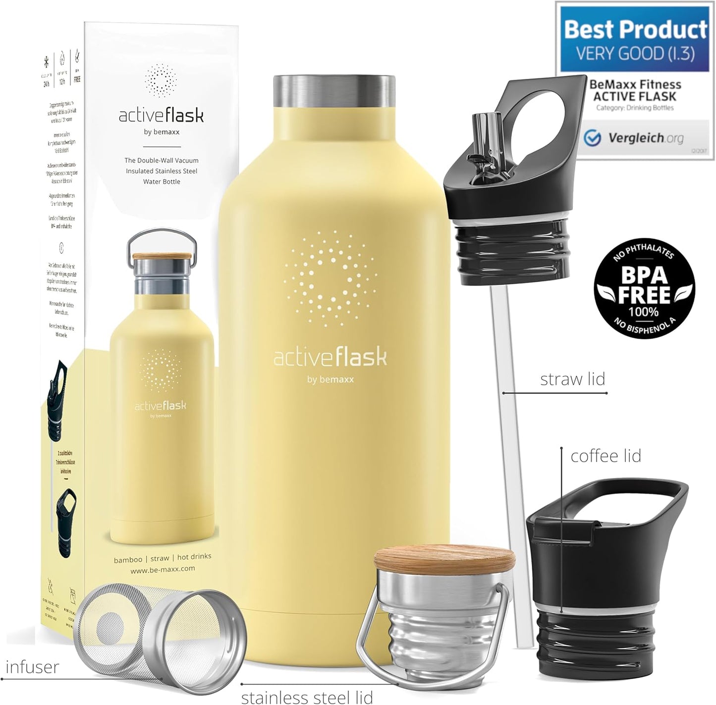 Stainless Steel Water Bottle with Straw, Infuser & 3 Lids: 18/32 OZ Leak-Proof Vacuum Insulated ACTIVE FLASK Drinking Bottles Hot Cold: Double Walled Outdoor Drink Thermo Mug Tea Coffee Sport Gym Bike