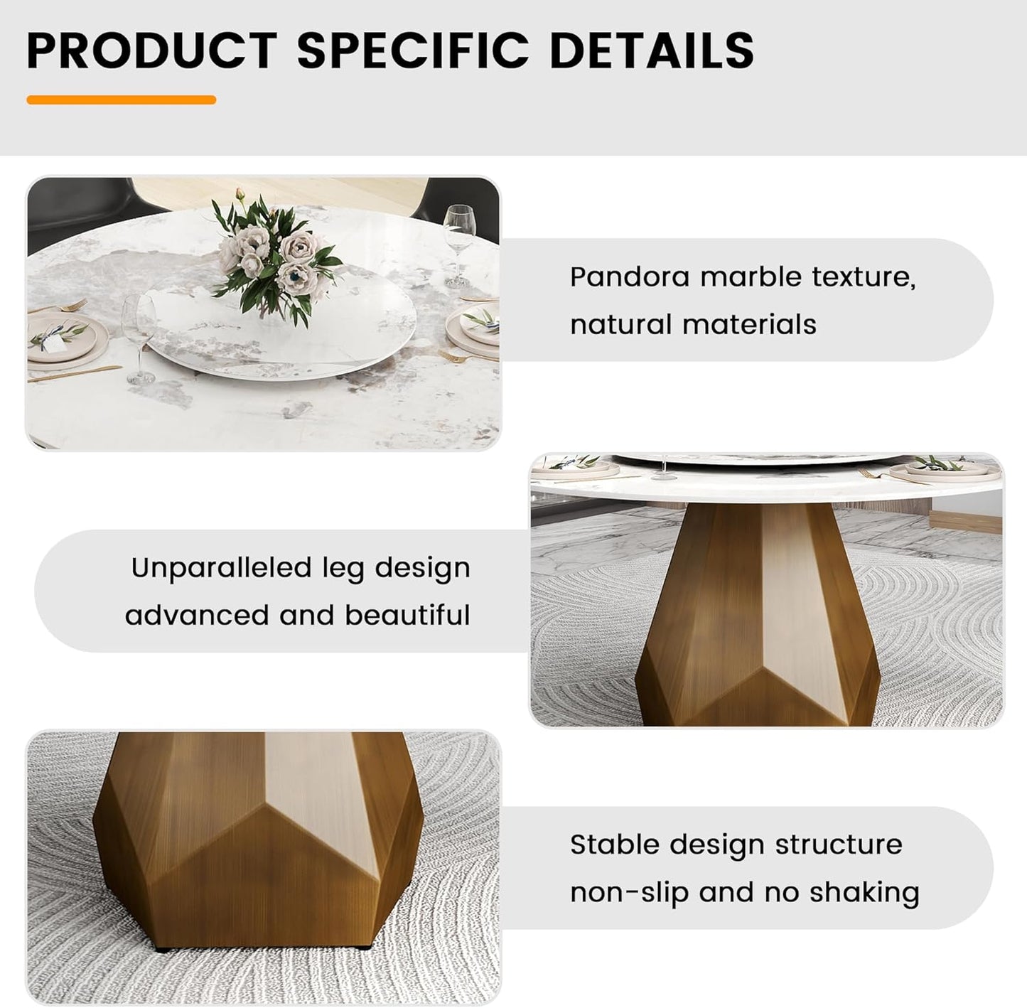 Montary 9 Piece Dining Table Chairs Set, Modern Dining Table Set of 8, Includes 59" D Marble Round Table with Antique Brass Metal Base, 8 Gray White Dining Chairs for Home, Kitchen