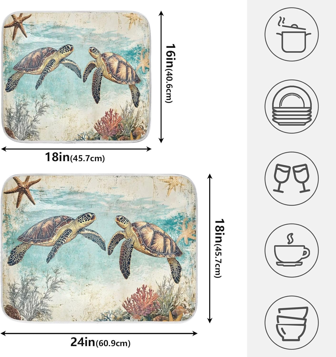 Vintage Ocean Sea Turtle04 Dish Drying Mat for Kitchen Counter Absorbent Microfiber Large Drying Pad Dish mats for Kitchen Countertops 18 x 24 Inch