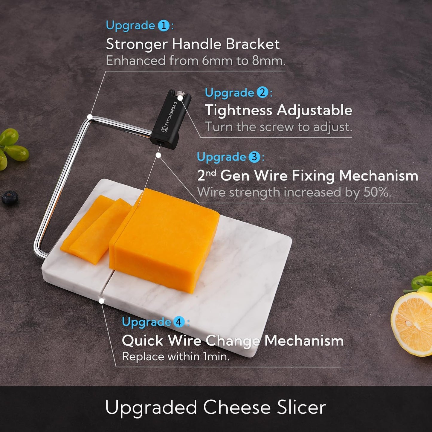 KITCHENDAO Replaceable Wire Cheese Slicer with Board, Tightness Adjustable Cheese Slicer, Marble Cheese Cutter for Block Cheese, Easy to Replace, with 2 Extra Upgrade Strong Wires