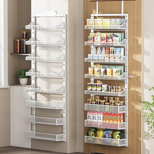 Over the Door Pantry Organizer 8-Tier, Large Metal Door Spice Rack with Adjustable Basket, 2 in 1 Wall Mount or Hanging Heavy-Duty Pantry Door Storage Shelf for Kitchen and Bathroom, White