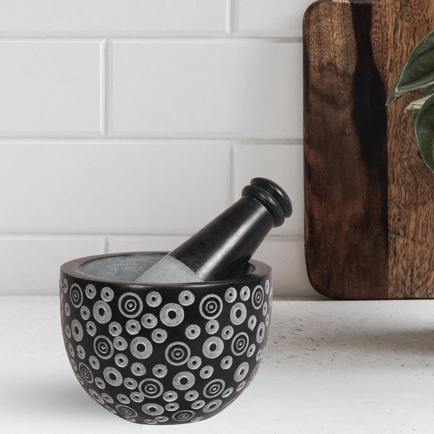 Mortar and Pestle, Made of Heavy Duty Polished Hard Stone, Natural Stone Grinder for Spices, Pastes, Herbs, Seasoning etc. (Dots)