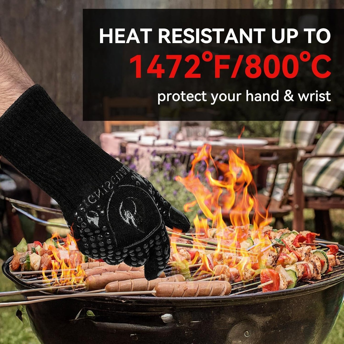 BBQ & Grill Gloves, Oven Gloves, 1472°F Silicone Oven Mitts Heat Resistant Grilling Gloves Fireproof Non-Slip for Barbecue Cooking Baking Smoking, 1-Pair Black（L）