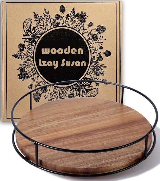 9" Acacia Wood Lazy Susan Turntable, Tomoaza Kitchen Organizer Turntable with Steel Sides, 360 Degree Lazy Susan for Countertop Cabinet or Dining Table