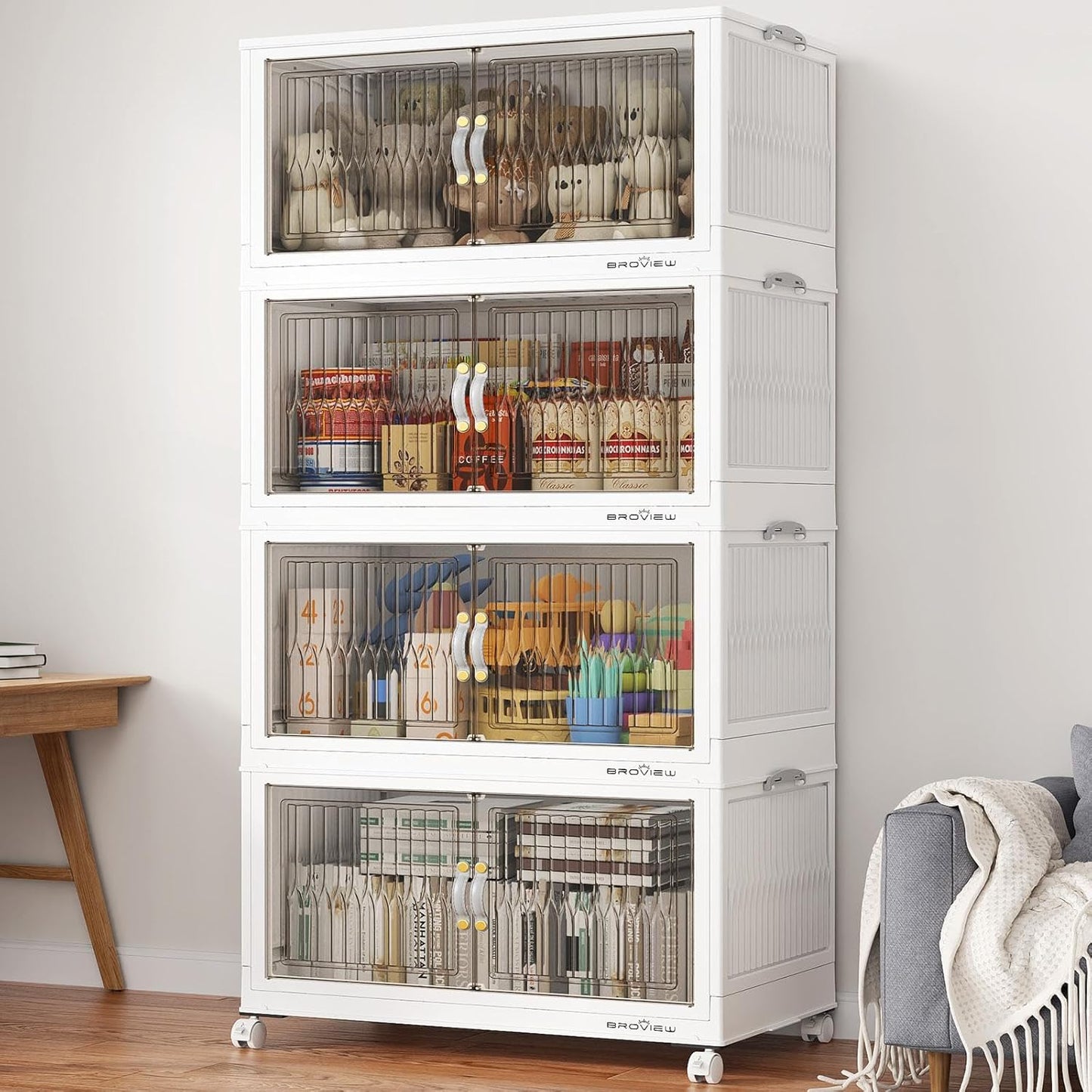 400Qt Stackable Storage Bins with Lid, Extra Large Closet Organizer Collapsible Drawer Boxes with Wheels, Folding Plastic Cabinet Containers for Home Kitchen Room Organization, 4Pack White