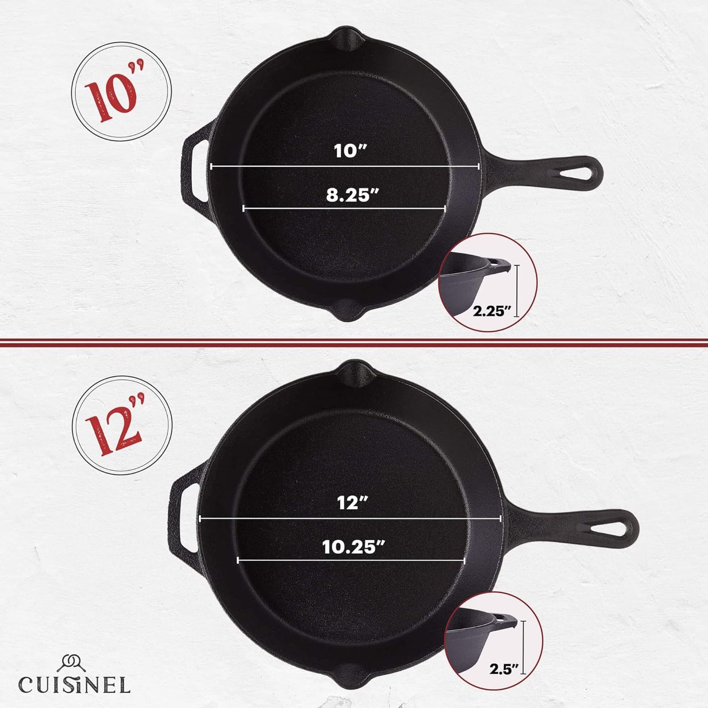 Cuisinel Cast Iron Skillets Set - 10" + 12"-Inch Pre-Seasoned Frying Pans + Removable Silicone Handle Holder Grips + Pan Scraper - Oven-Safe Cookware Kit + Accessories + Handle Helper