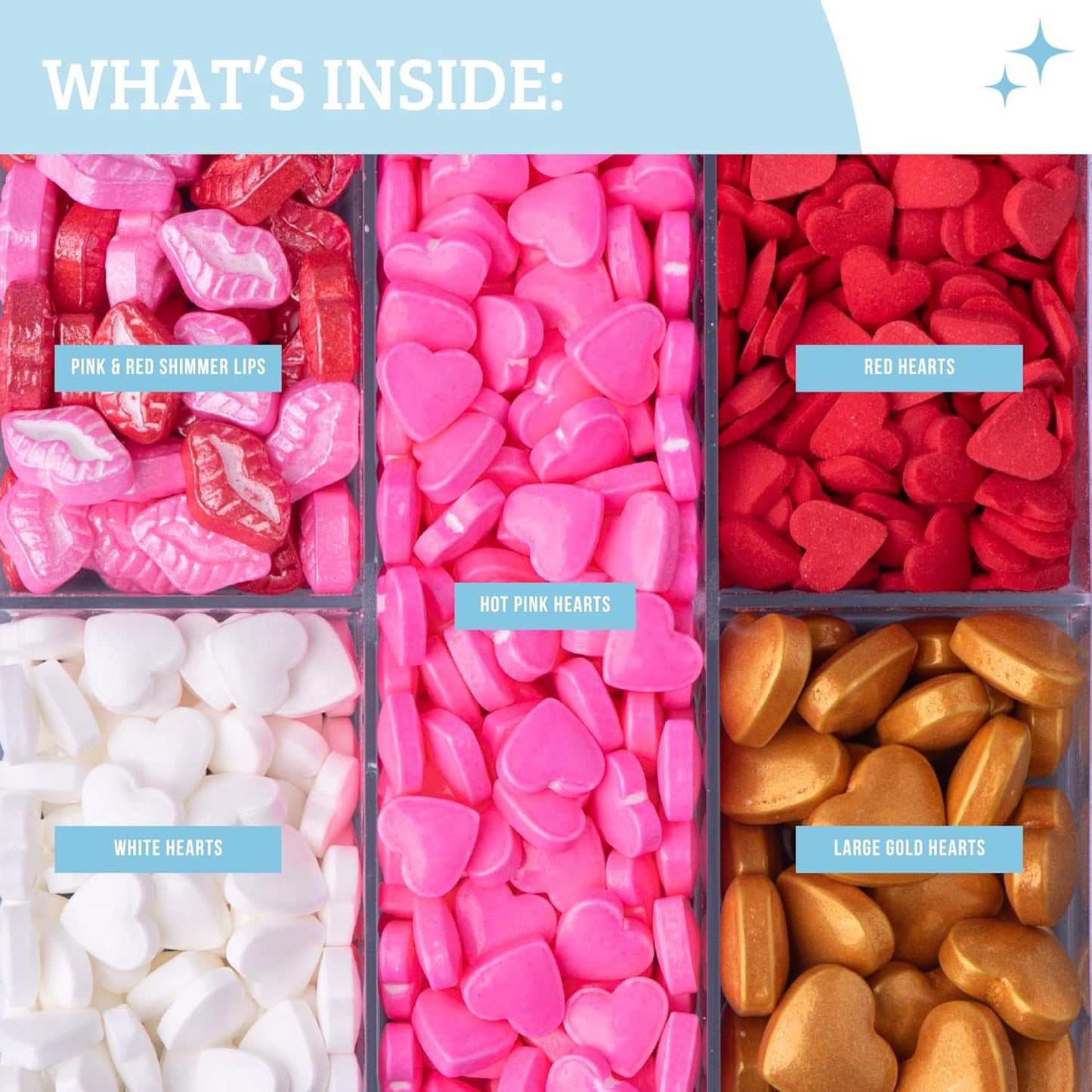 Sweets Indeed Valentines Heart Tacklebox, Edible Heart Shapes, Assorted Variety, Perfect for Cake Decorations, Baking, Ice Cream, Cookies, Cupcake Topper, 2.53 ounces (Sweetheart Tacklebox)