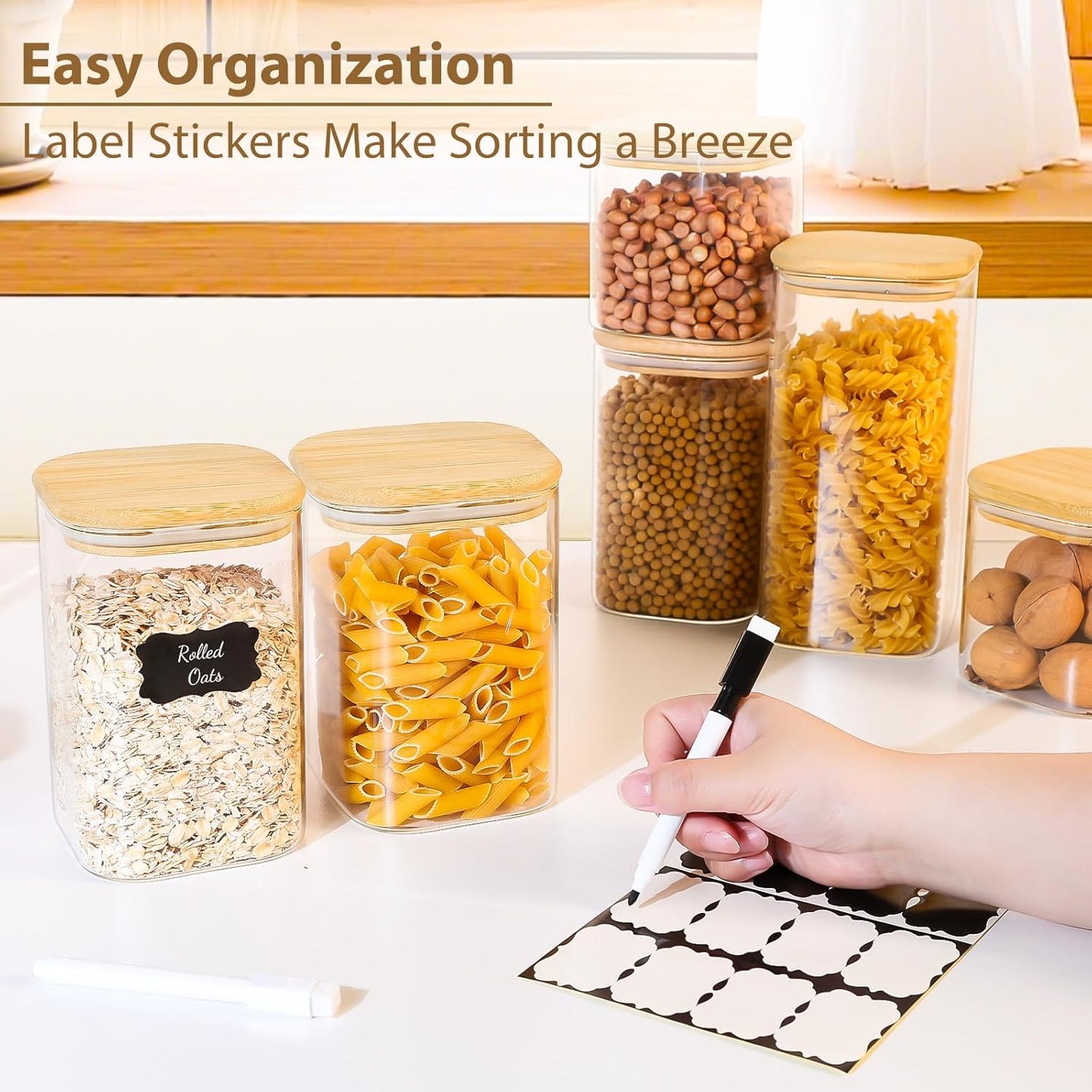 37oz Square Glass Storage Containers with Bamboo Lids – 4 Pack Clear Food Airtight Glass Jars for Pantry Organizers and Storage, Kitchen Dry Food, Coffee, Sugar, Flour, Snacks, Spices