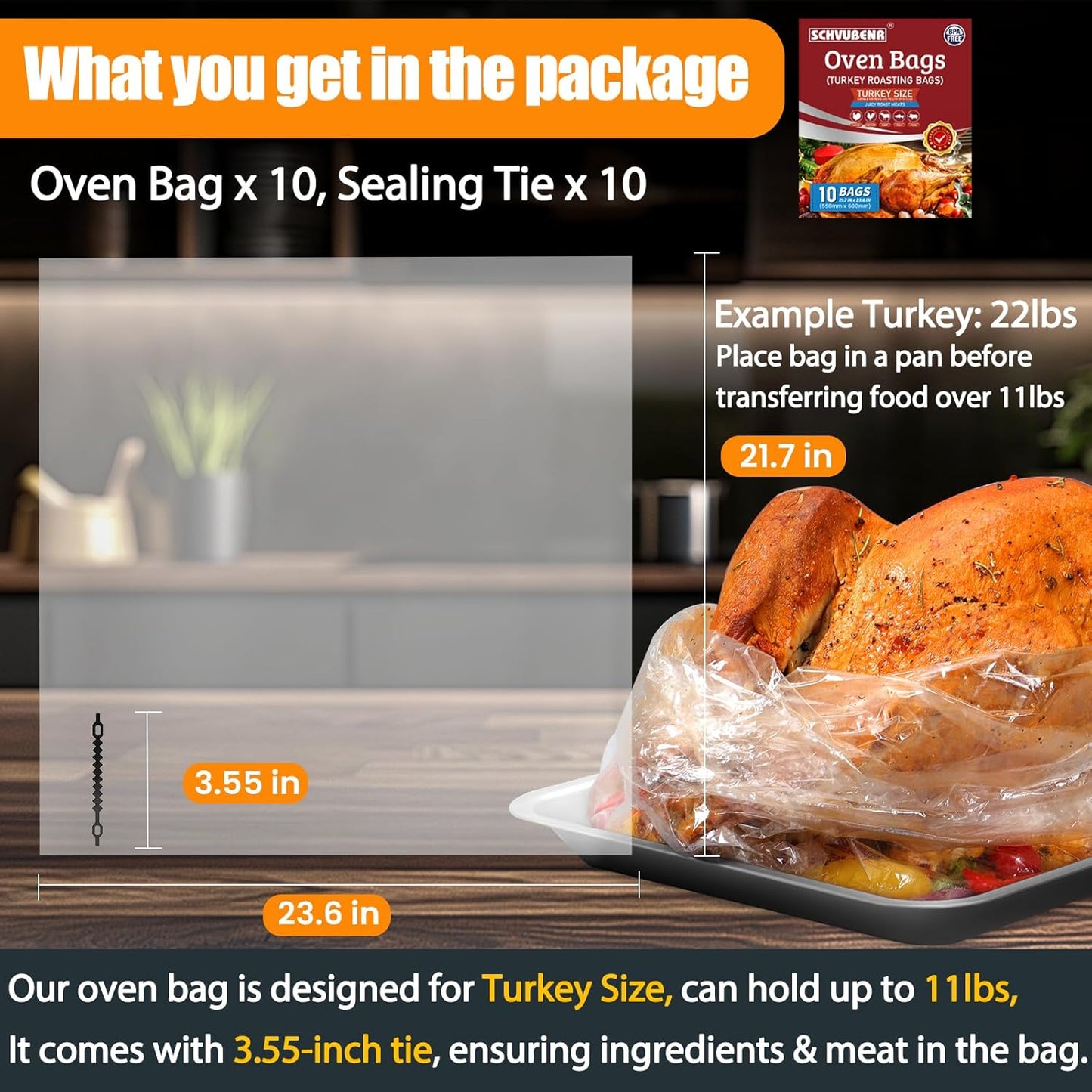 Turkey Oven Bags for Perfect Roasting - 21.7’’ x 23.6’’, 10 Counts, Large Size Turkey Cooking Bags for Oven, Locks in Juices for Flavorful Turkey - Microwave Safe, Thanksgiving, Christmas Essential